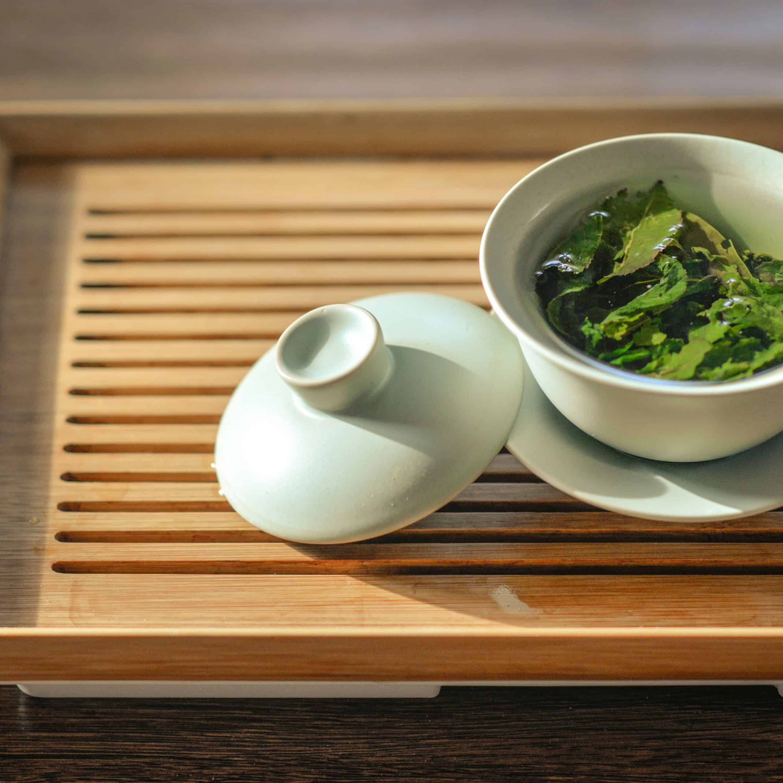 matcha tea setup with cup and holder